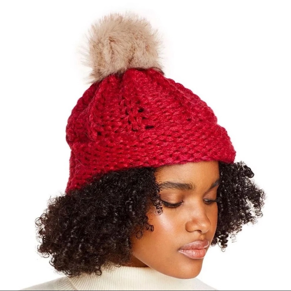 🧡 Aqua Alpaca Pom Pom Fitted Knit Hat Beanie Made In Italy Faux Fur Red